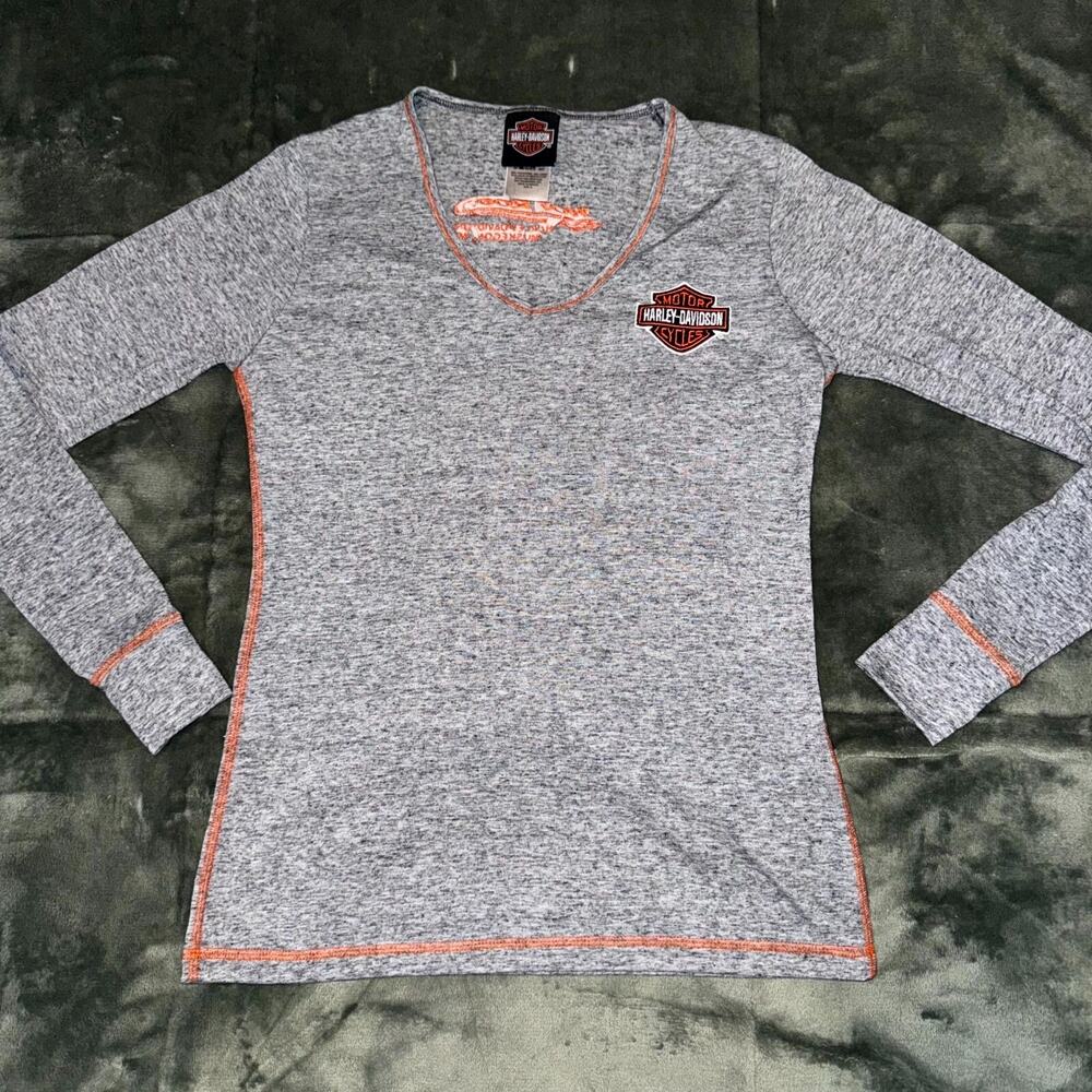 Harley-Davidson Women's Heather Gray Long Sleeve V-Neck Top with Orange Trim